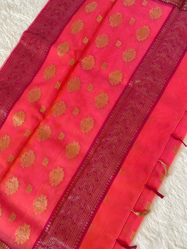 Chanderi Silk saree | Orange and Pink (Dual Shade) | Handwoven | Ships from California